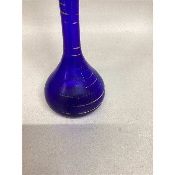 Vintage Cobalt Blue Glass Vase With Gold Stripes - 12”H - Picture 3 of 9
